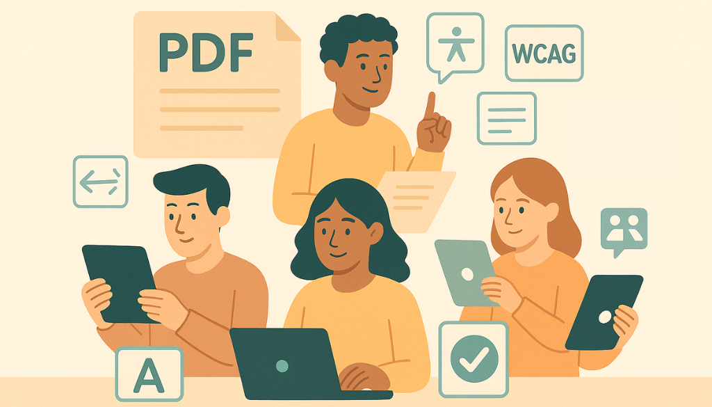 Accessible PDF conversion illustration with WCAG and alt-text icons.