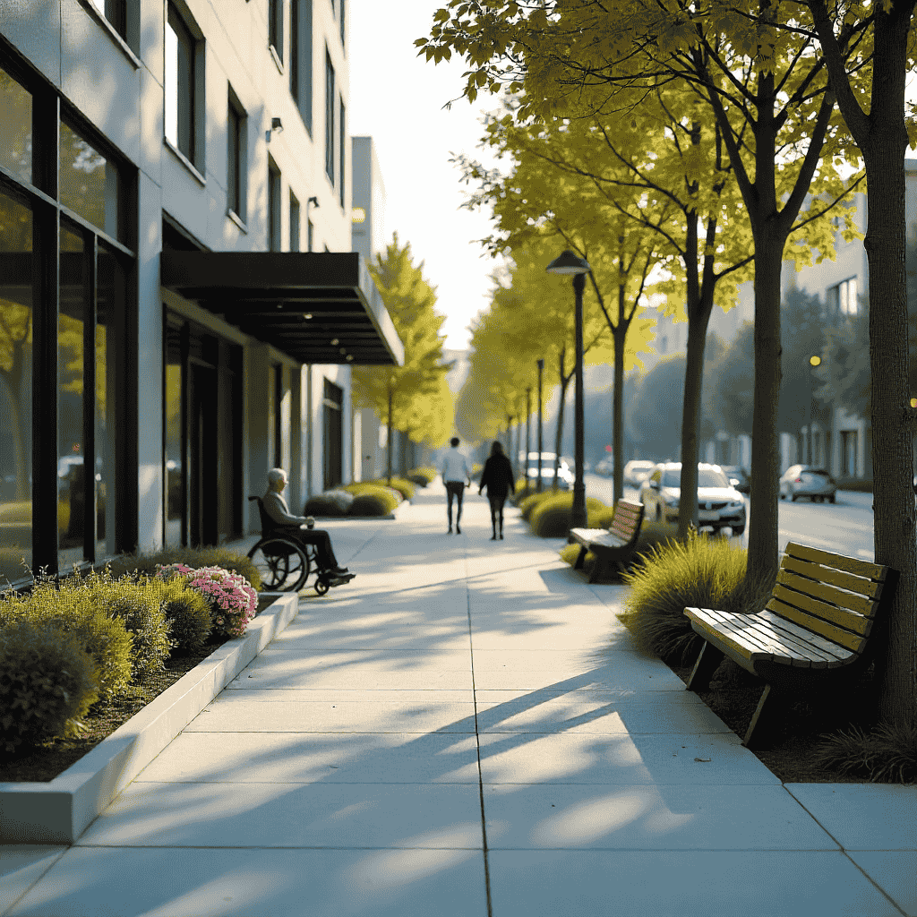 Built Environment Accessibility Audit assessing an inclusive city walkway with wide paths and accessible design features.
