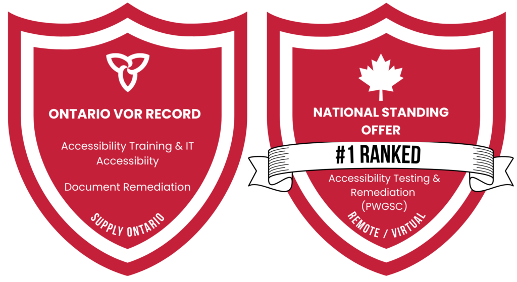 Government Accessibility Services badges highlighting Ontario Vendor of Record approval and Government of Canada National Standing Offer for accessibility services.