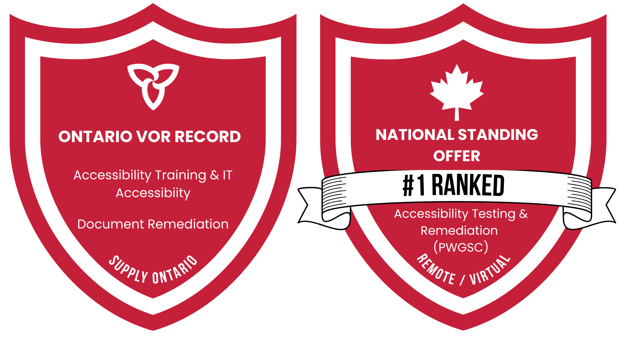 Government Accessibility Services badges highlighting Ontario Vendor of Record approval and Government of Canada National Standing Offer for accessibility services.