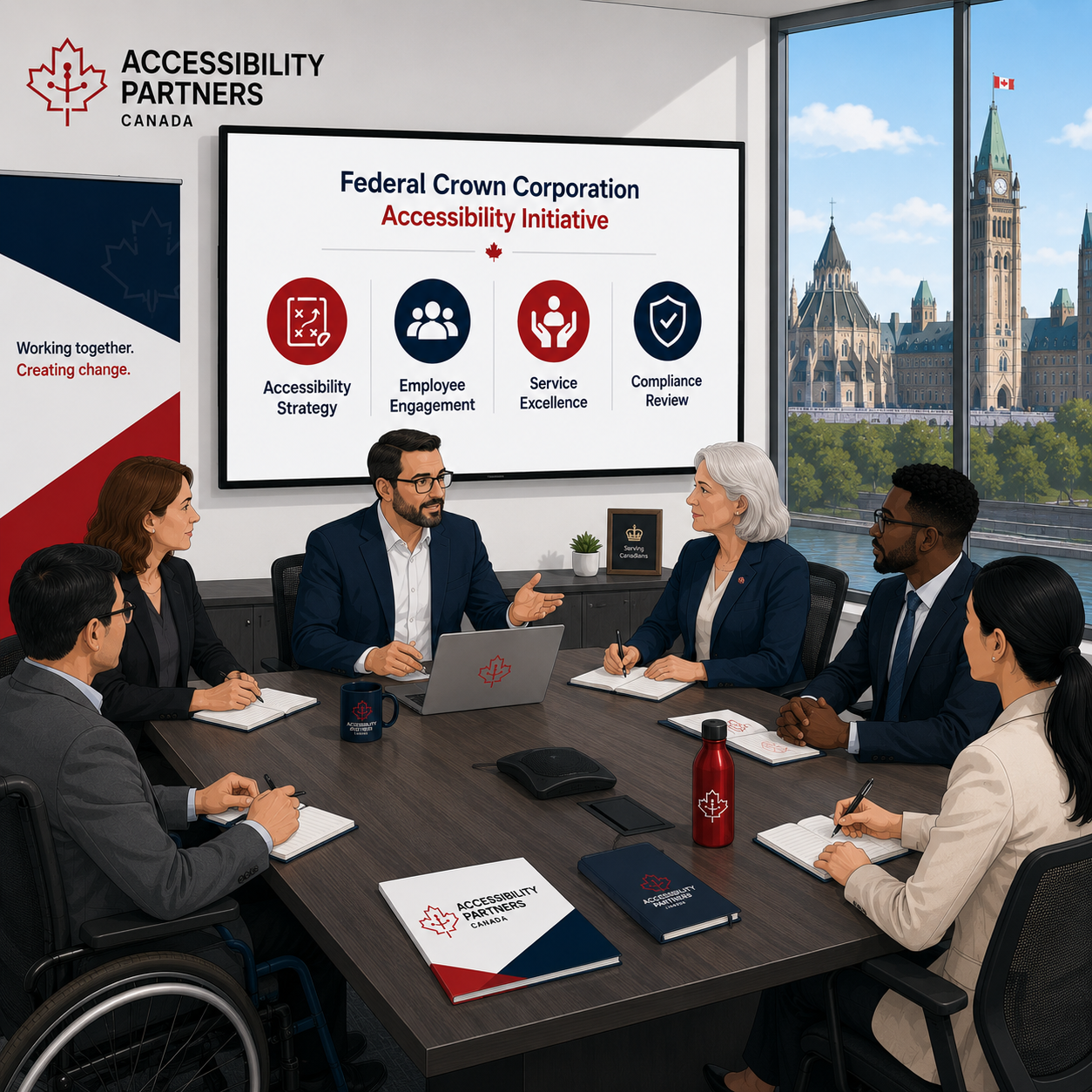 Accessibility consultant facilitating a Federal Crown Corporation accessibility initiative workshop with Canadian stakeholders to advance accessibility strategy and inclusive services.