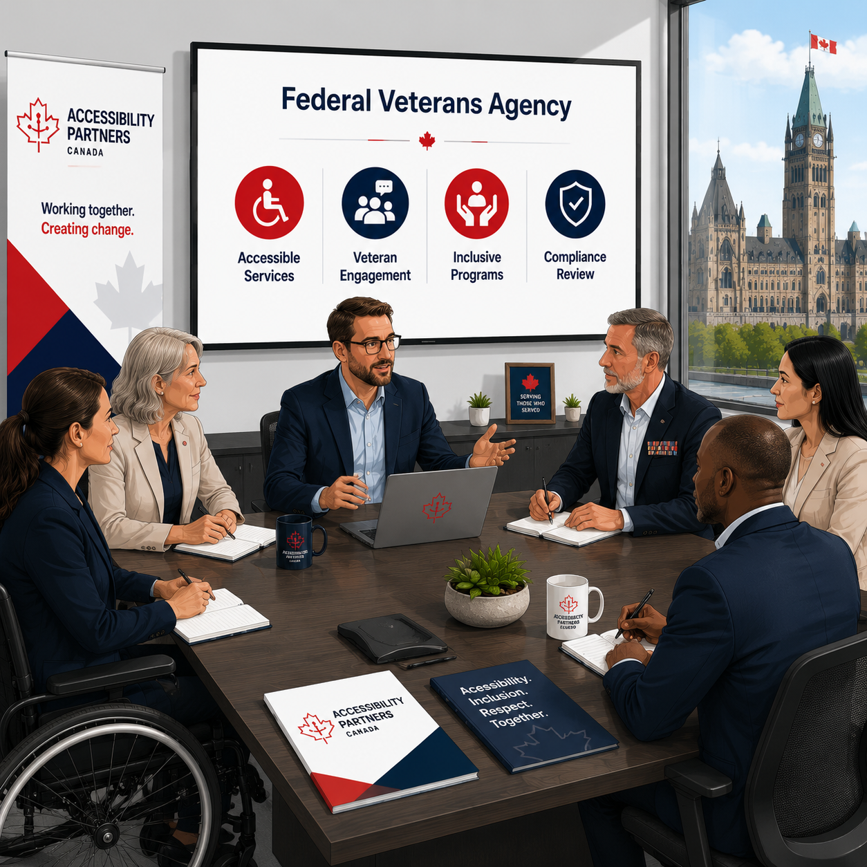 Accessibility consultant leading a Federal Veterans Agency accessibility planning meeting with Canadian stakeholders focused on accessible services, veteran engagement, inclusive programs, and compliance review.