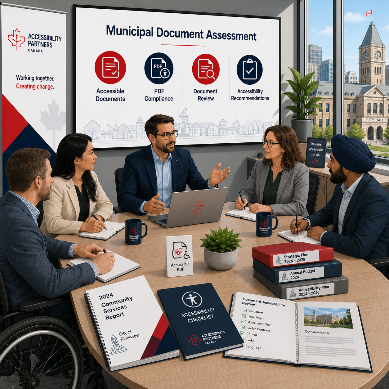 Municipal stakeholders collaborating with accessibility consultants to review accessible documents, PDF accessibility standards, and document compliance requirements.