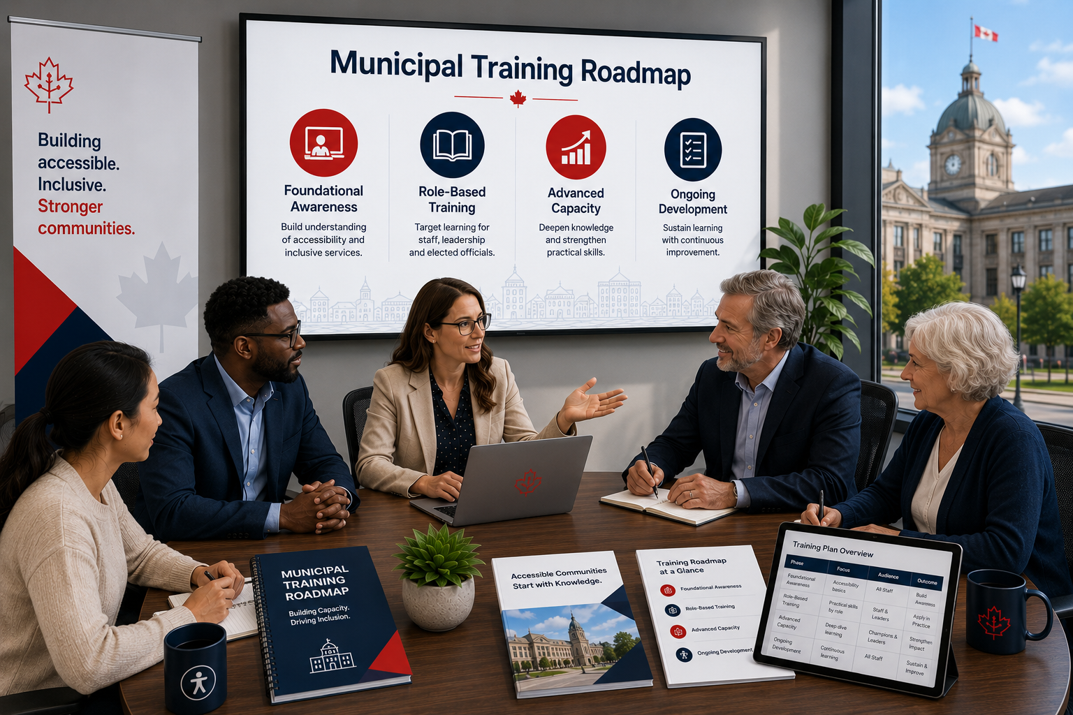 Municipal staff and accessibility consultants reviewing accessibility training plans and inclusive development strategies during a collaborative roadmap meeting.