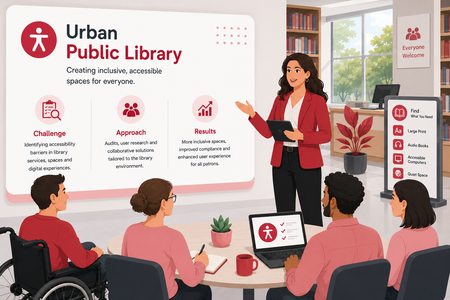 Urban Public Library accessibility case study presentation showing inclusive library accessibility improvements, accessible services, and community-focused user experience solutions.